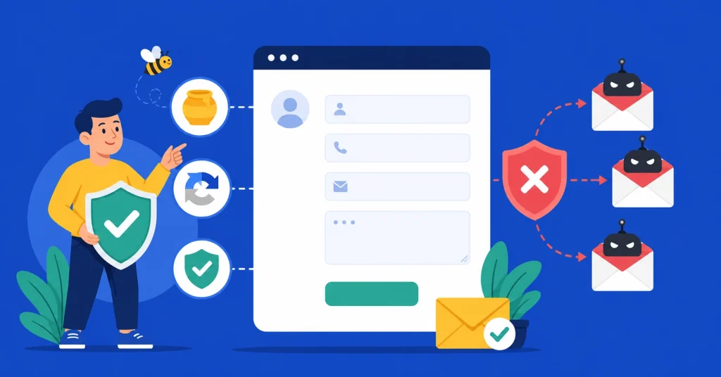 Cartoon man with shield protecting contact form from spam bot emails