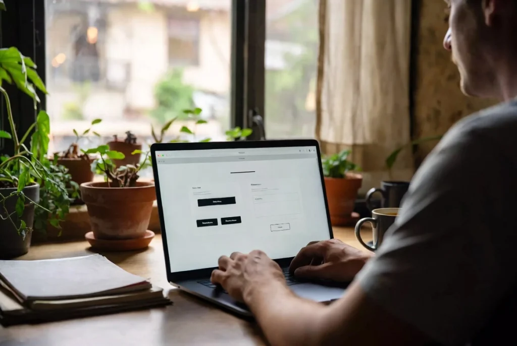 Freelance designer focused on laptop screen styling website buttons in sunlit home office