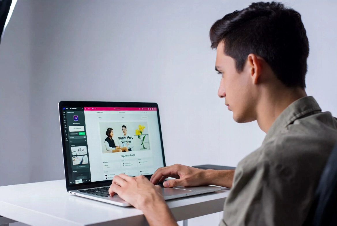 Male freelance web designer editing banner page layout on laptop in professional studio