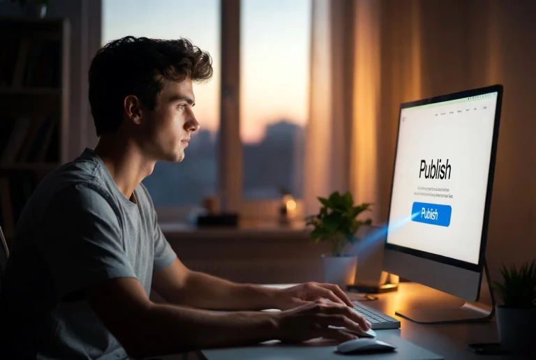 Freelance web designer publishing website landing page on monitor in cinematic office setting
