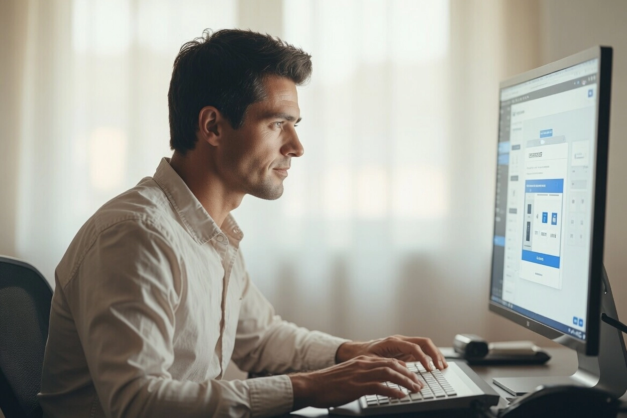 Freelancer centered at bright desk working on light Elementor website editor interface on monitor