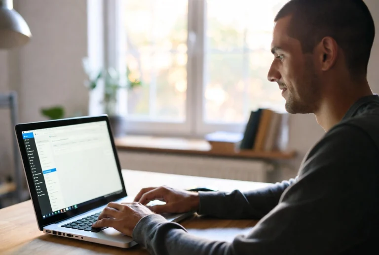 Freelancer working on WordPress website from laptop in bright home office setting.