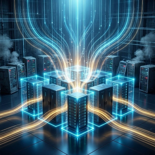 Futuristic server room with glowing blue light panels and sleek metallic aisles in a data center.