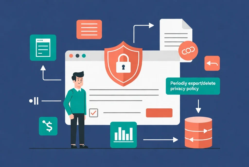 Friendly cartoon figure beside GDPR consent form with shield icons and compliance workflow arrows on solid blue background.