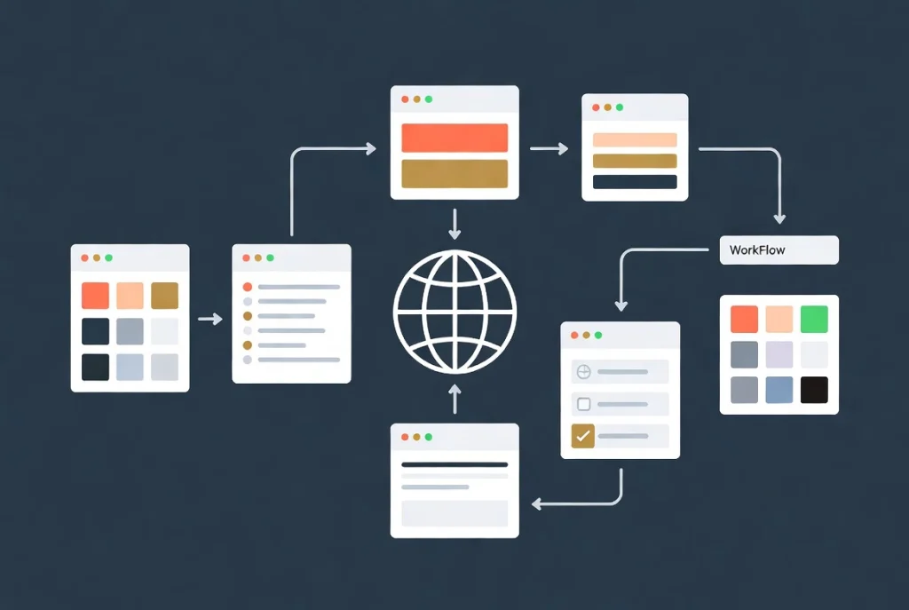 Globe icon with workflow arrows integrating design exceptions into global color and typography system