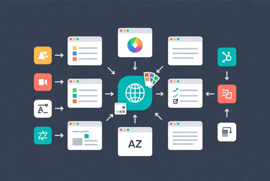Central globe icon links to global color and typography panels in web design interface