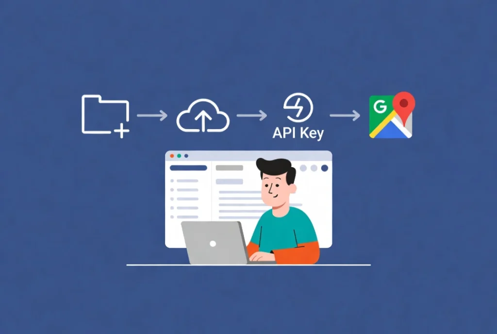 lat vector illustration of freelancer creating Google Cloud Platform project for Maps integration
