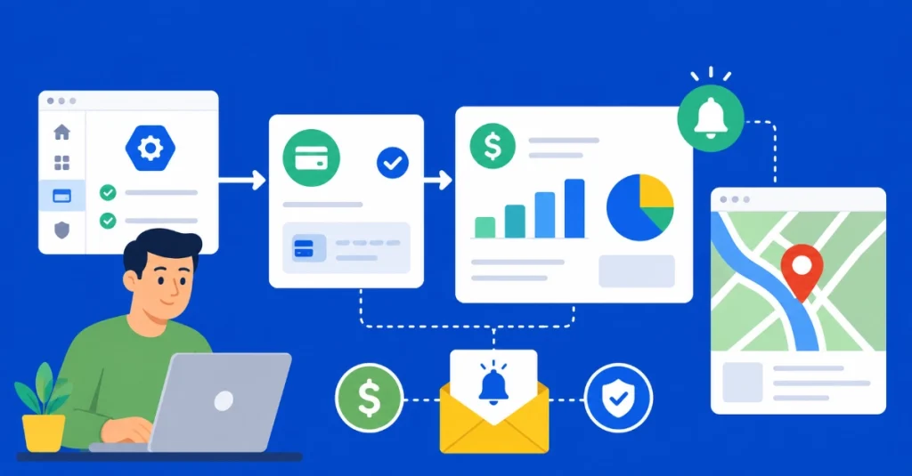 Flat vector illustration of Google Maps API workflow with billing analytics and map integration