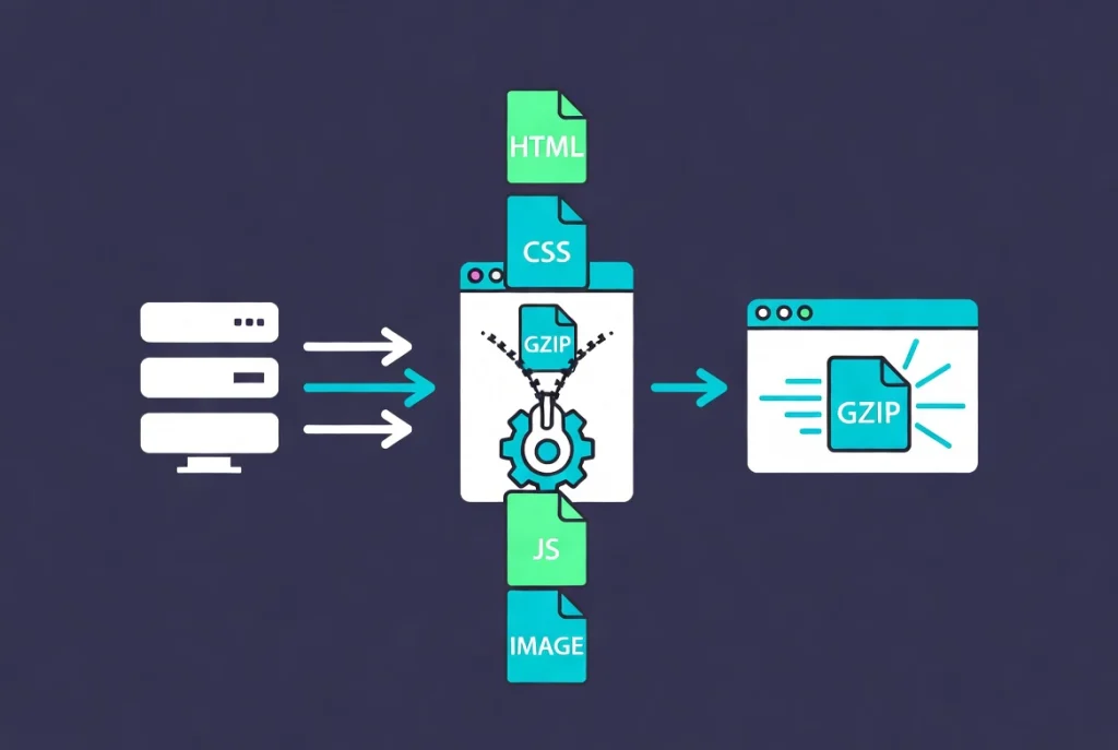 Flat vector illustration of GZIP compression process showing server files reduced in size before delivery to browser for faster WordPress loading