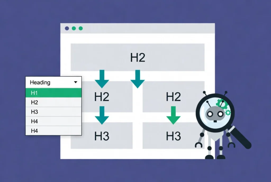 Webpage content layout showing proper heading hierarchy from main block to subsections with Elementor widget connection