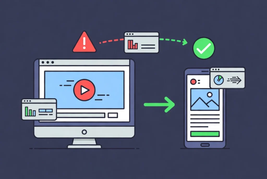 Desktop monitor and mobile phone showing heavy video vs lighter image background for responsive web design performance
