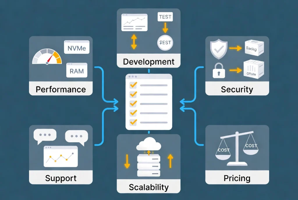 Decision framework checklist for web hosting evaluation with performance security and scalability icons connected by workflow arrows