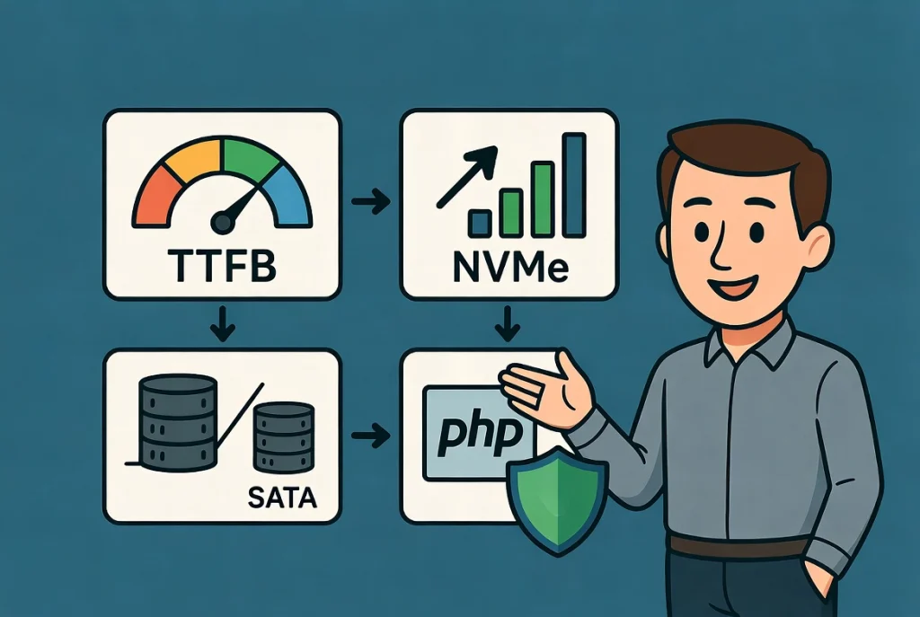 Flat vector dashboard illustrating web hosting performance metrics with tech icons