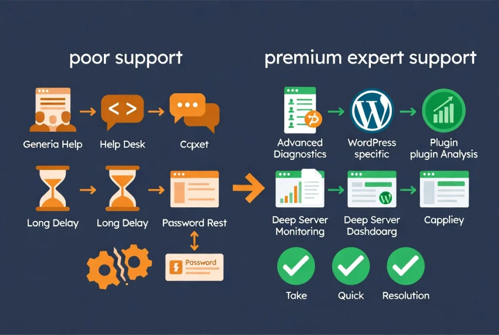 Flat vector illustration comparing basic versus expert technical support in web hosting environments