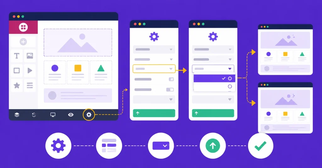 Flat vector illustration showing the process of changing page layout settings in Elementor using the editor sidebar and page settings panels