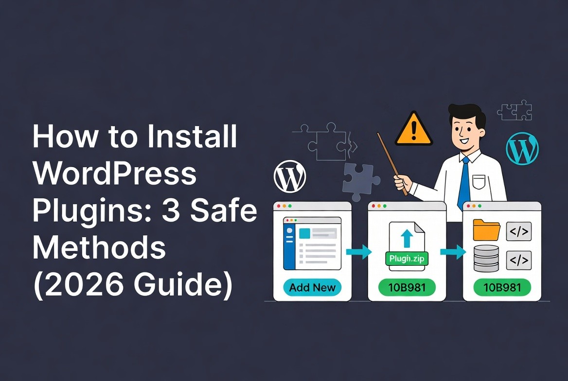 Friendly cartoon instructor pointing to three safe methods for installing WordPress plugins shown in white UI cards with workflow arrows and plugin icons