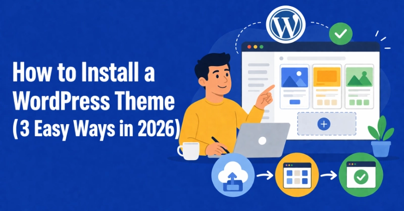 Friendly cartoon man at desk pointing to WordPress theme installation browser with three-step workflow icons showing upload, preview, and activation process in flat vector style.