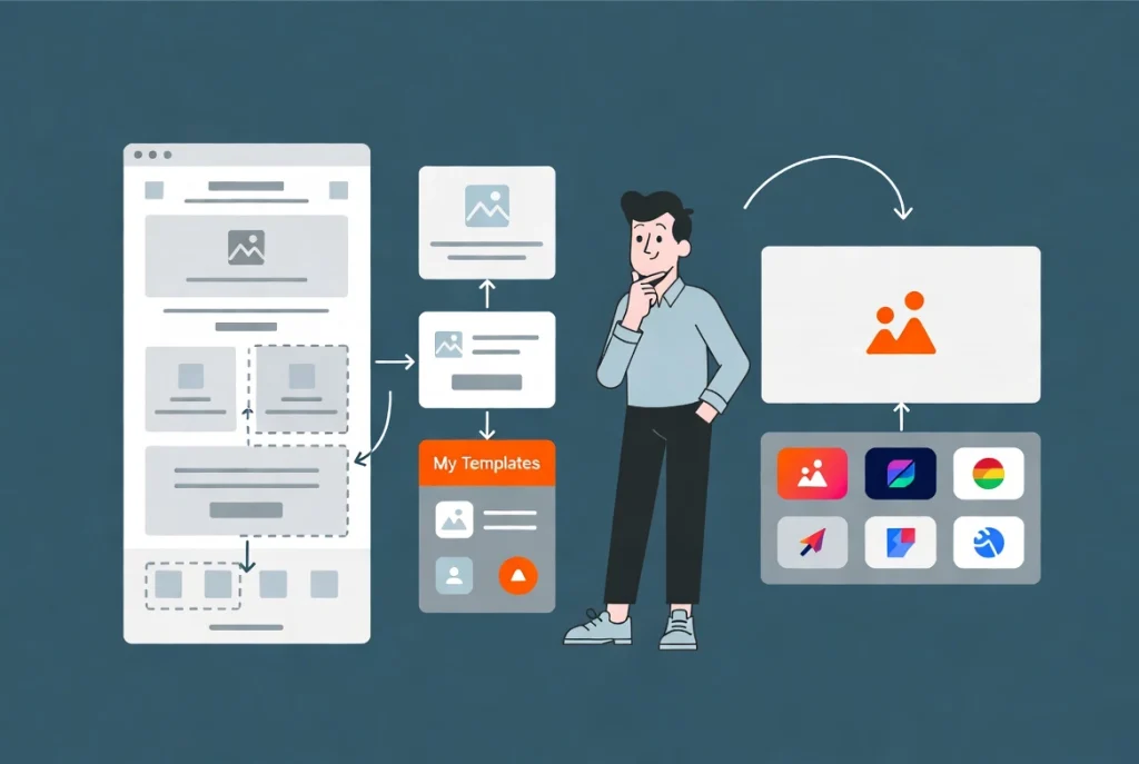 Hybrid landing page build combining website template wireframe with custom hero and feature sections in flat vector style