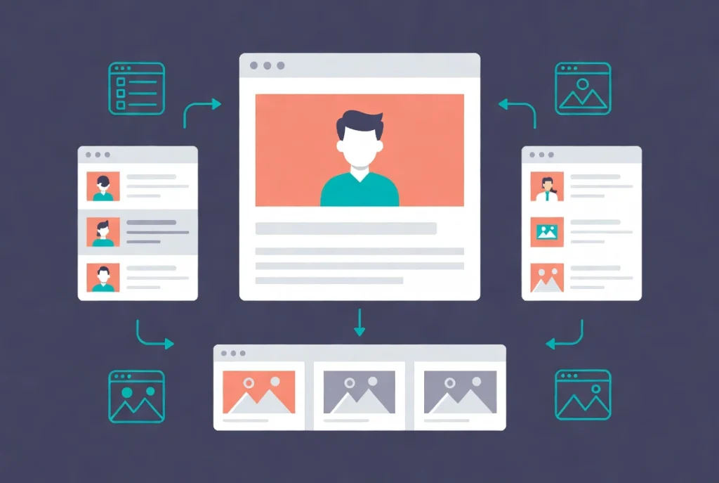 Flat vector illustration of Elementor Image Box widget examples for team profiles and product showcases
