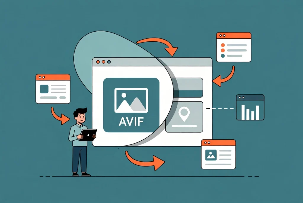 Flat vector illustration of image masking technique in web design with AVIF and CSS mask overlay