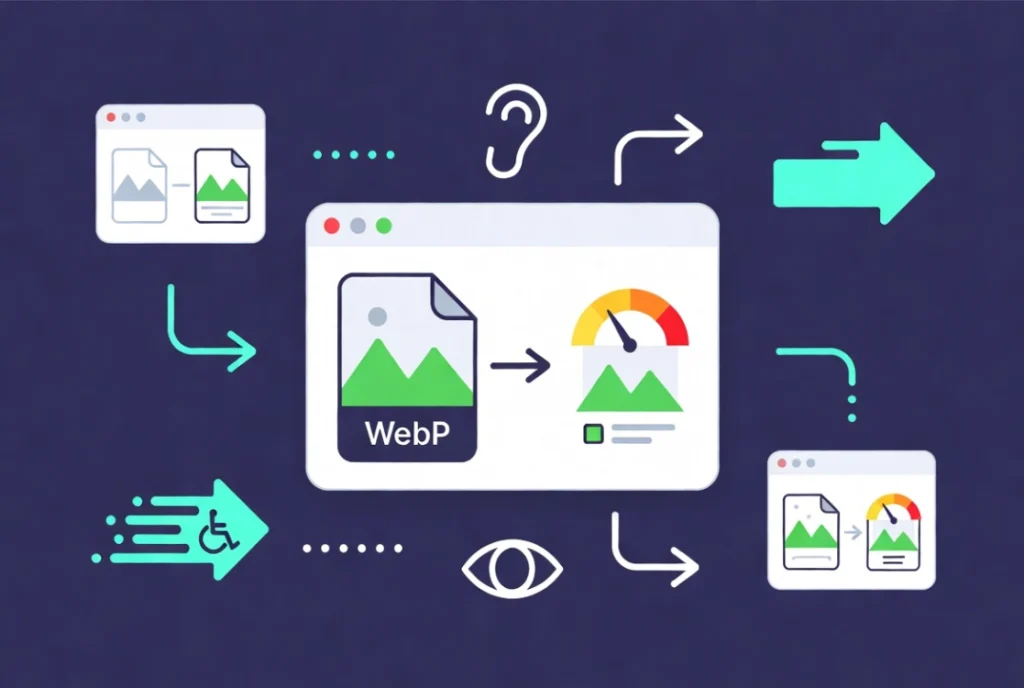 Optimized image icon with compression arrows and SEO workflow elements on blue background