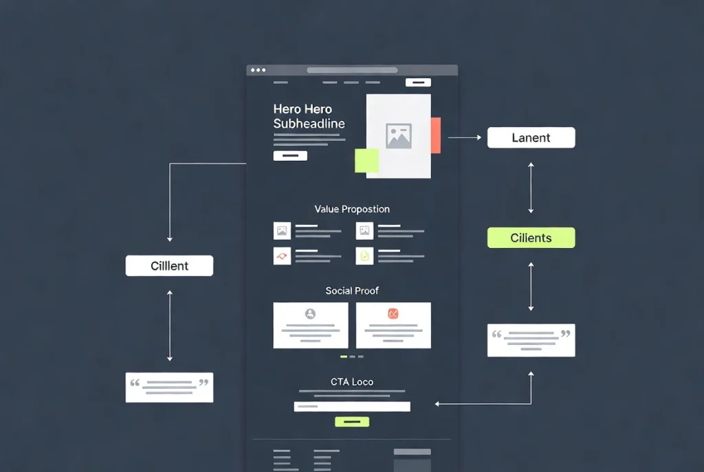Vertical landing page structure sections in flat vector diagram showing hero value proof cta flow