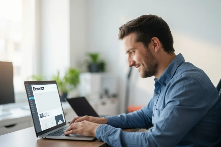 Professional man working on Elementor page builder interface on laptop in bright modern office