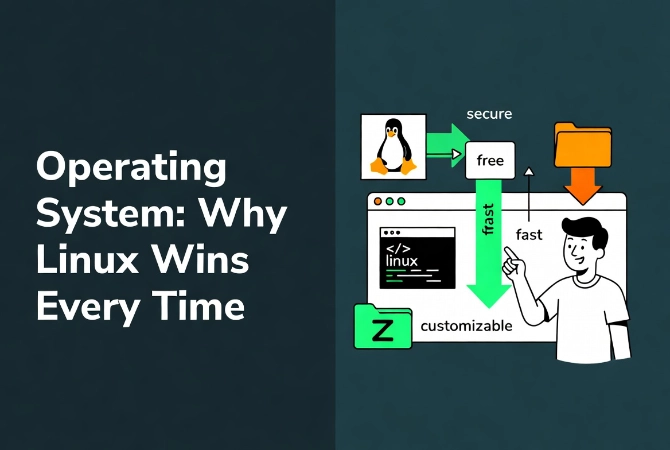 Friendly cartoon instructor teaching Linux advantages on a white UI panel with penguin mascot and terminal icons