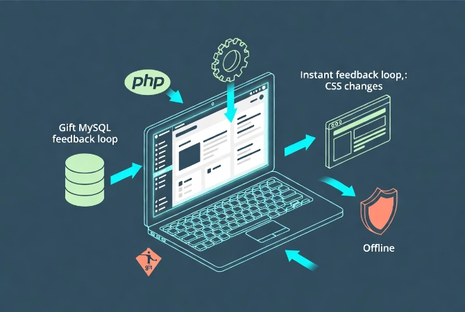 Central laptop displaying WordPress dashboard connected by workflow arrows to database, PHP gear, browser window, Git icon and security shield in flat vector style.