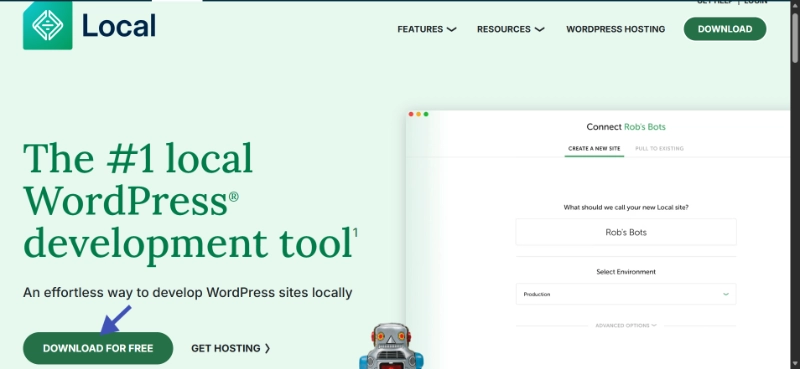 Local by Flywheel homepage highlighting download for free button with blue arrow