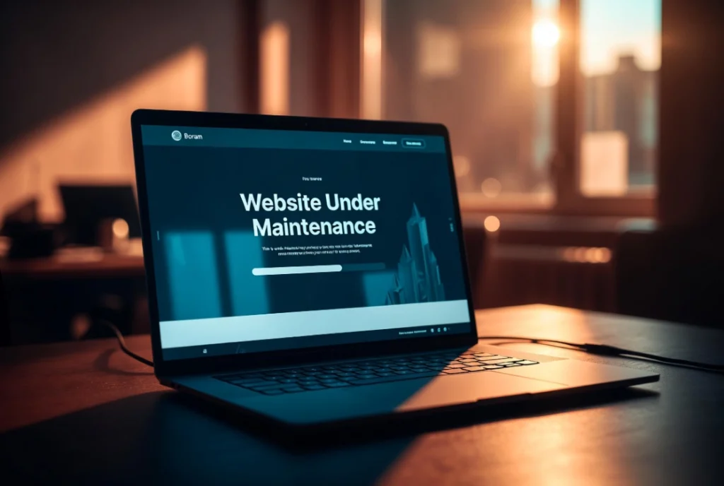 Cinematic laptop screen showing professional website maintenance mode in dramatic natural light