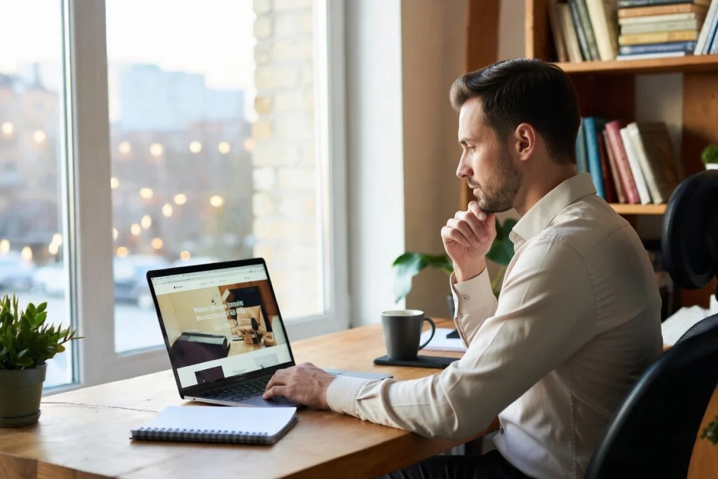 Professional male freelancer working on website design at home office desk with natural light and laptop