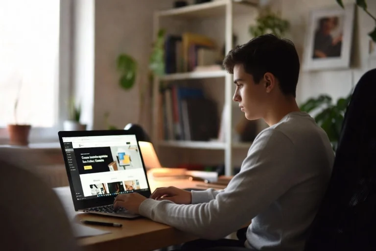 Male freelancer working on laptop with Elementor website template in cozy home office setup