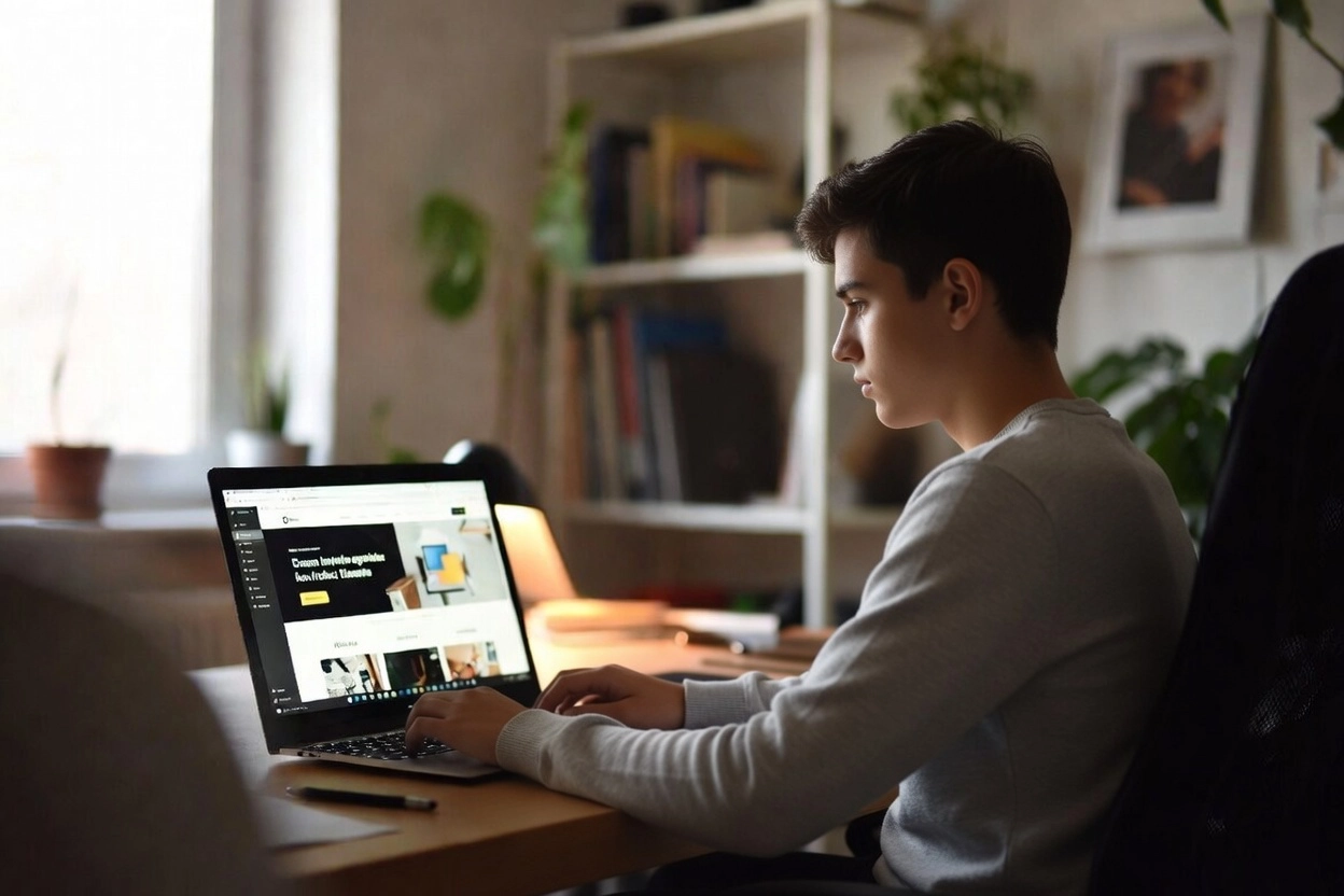 Male freelancer working on laptop with Elementor website template in cozy home office setup