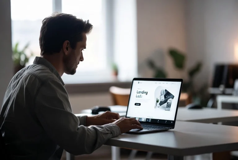 Man centered viewing modern website on laptop in calm workspace