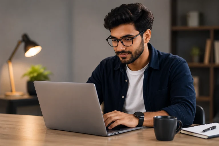 Professional man working on a laptop in a modern home office workspace with warm lighting and minimalist desk setup