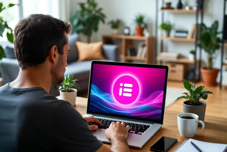 Man from behind viewing laptop screen with glowing Elementor logo in modern home office workspace