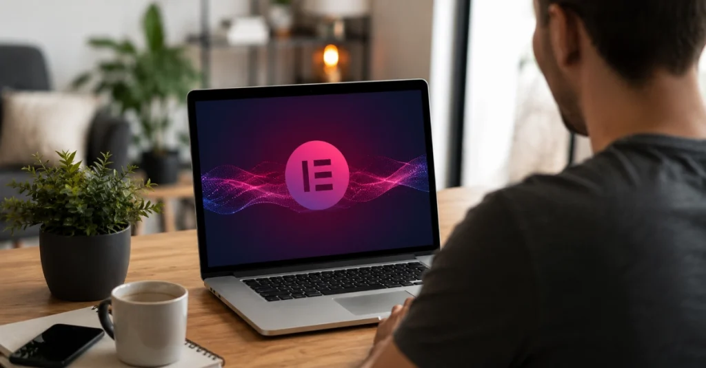 Man from behind viewing laptop screen with glowing Elementor logo in modern home office workspace