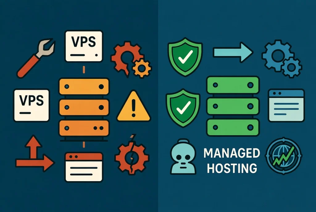 Flat vector illustration comparing managed versus unmanaged WordPress hosting with server maintenance icons and workflow arrows