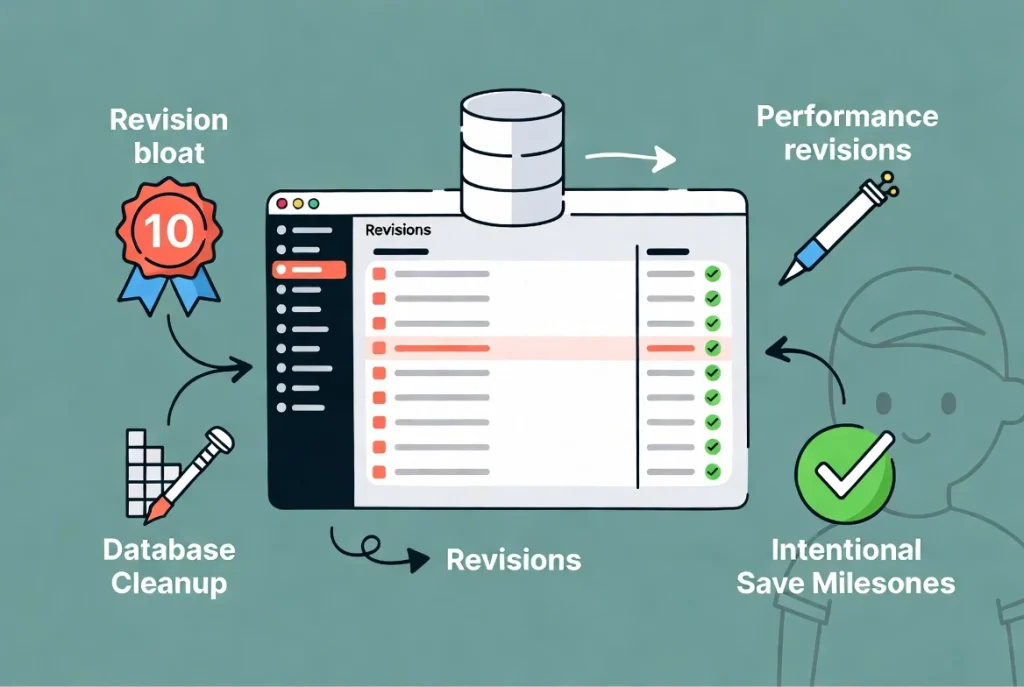 Flat vector illustration of managing WordPress revisions and database optimization in Elementor interface