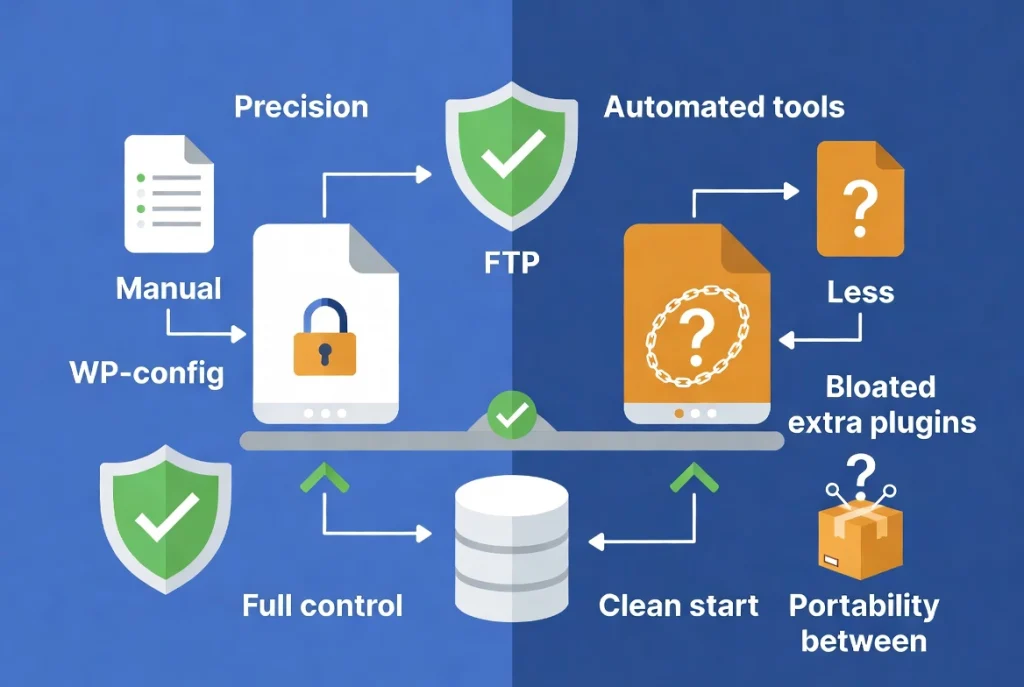 Manual WordPress installation advantages illustrated with clean files, security shields versus automated bloat and limited control