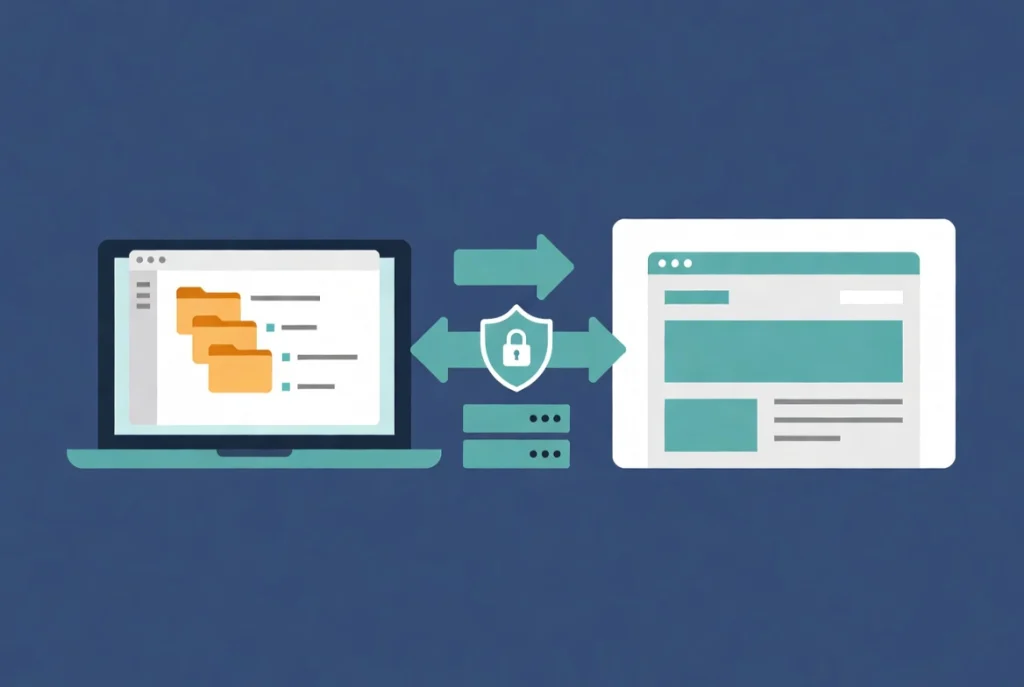 Clean manual WordPress FTP installation workflow with laptop file structure, secure server transfer arrows, and website preview in flat vector style.