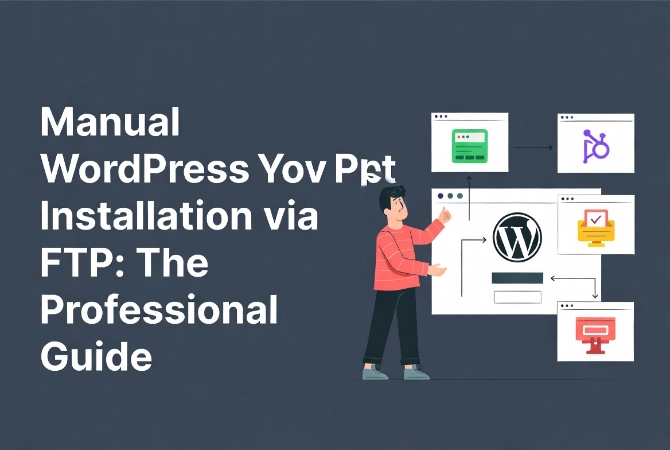 Friendly cartoon man explaining manual WordPress installation steps via FTP on a laptop screen with workflow arrows.