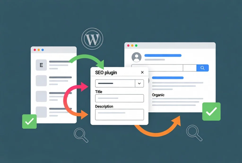 Google search result preview connected by workflow arrows from SEO meta settings panel on website editor