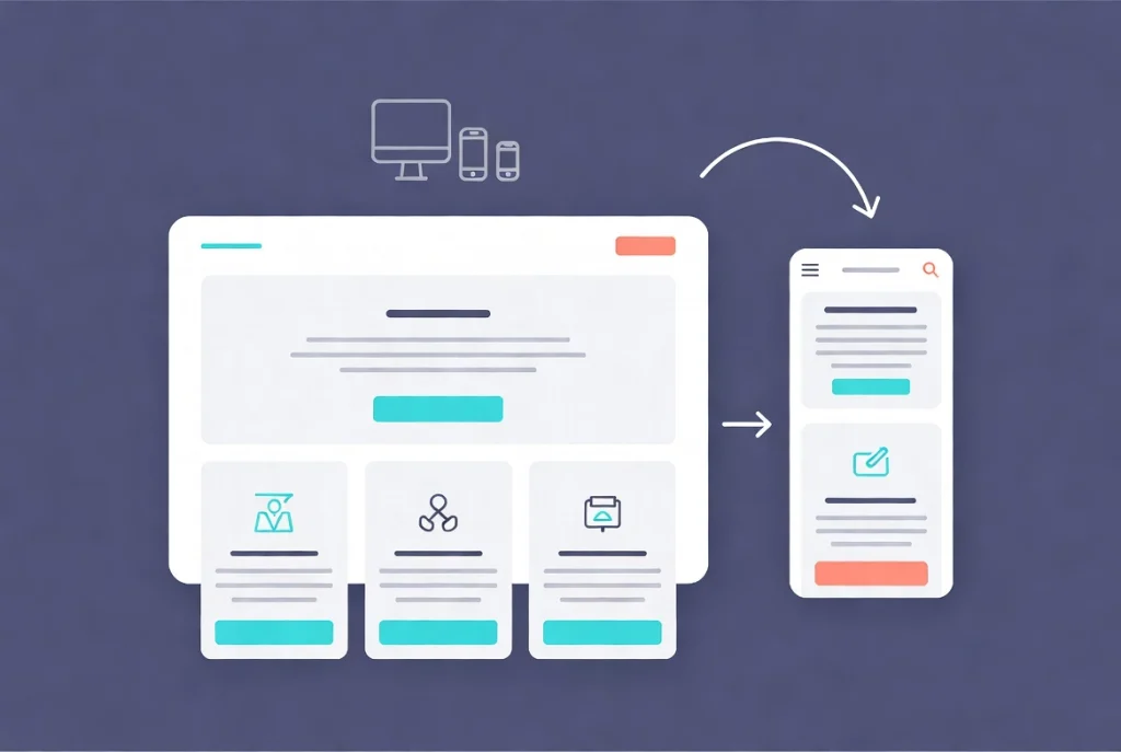 Flat vector illustration of desktop to mobile responsive webpage optimization with adjustment arrows