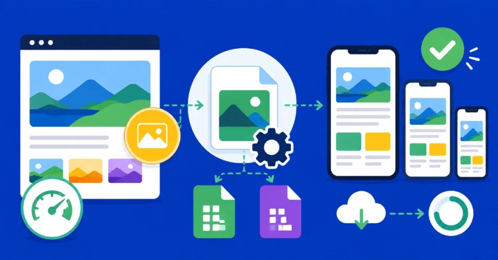 Flat vector illustration showing responsive image optimization, mobile performance improvements, and adaptive image delivery across devices.