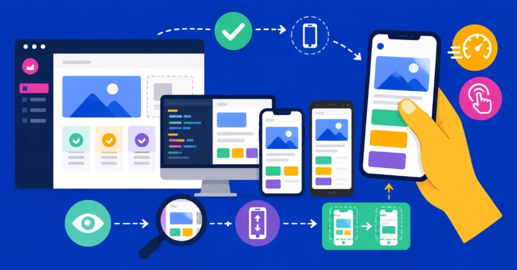 Flat vector illustration of mobile touch targets, thumb-friendly buttons, responsive navigation menus, and smartphone UI design.