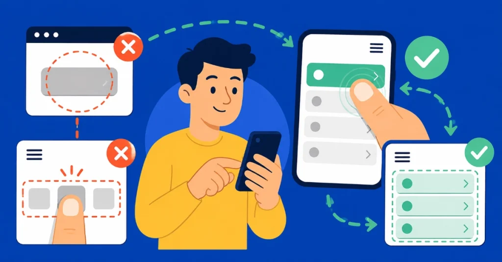 Flat vector illustration showing mobile-friendly touch targets, thumb navigation, large tap areas, and responsive UI design for smartphones.