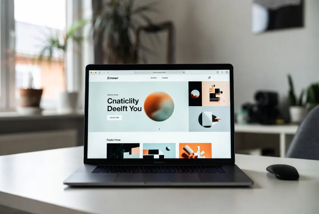 Modern laptop on calm home office desk displaying clean landing page website design with balanced visual layout