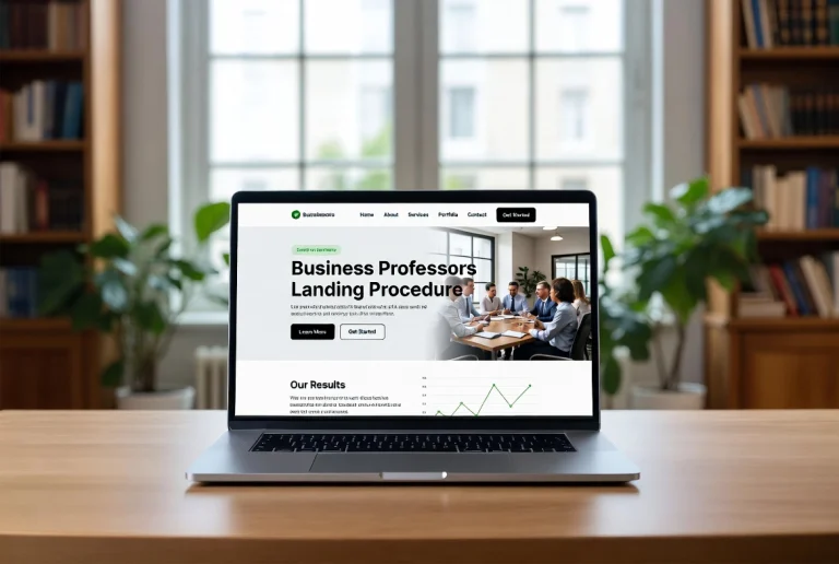 Modern laptop on wooden desk displaying professional business marketing landing page